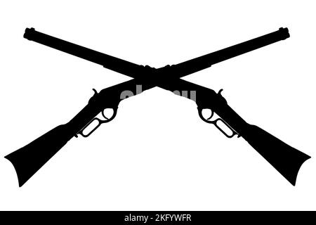 Altes West gekreuzte Gewehre Emblem. Gekreuzte Winchester Hebel-Aktion wiederholt Gewehre schwarze Silhouette. Stockfoto