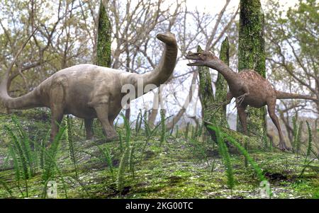 Eine 3D Illustration von Dinosauriern in einem Wald. Der junge Brontosaurus wird von einem hungrigen Ornitholestes auf der Jagd erschreckt. Stockfoto