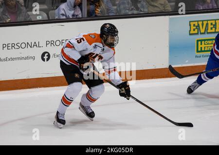 19. November 2022: RIT Tigers Stürmer Adam Jeffery (15) ist in der ersten Periode gegen das Team USA am Start. Das Rochester Institute of Technology Tigers veranstaltete das US-amerikanische Team der Under-18 in einem Ausstellungsspiel der NCAA Division 1 im Gene Polisseni Center in Rochester, New York. (Jonathan Tenca/CSM) Stockfoto