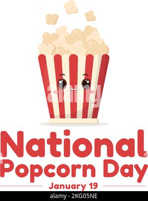 National Popcorn Day am 19.. Januar mit einer großen Box mit roten und weißen Streifen in flachen Cartoon-Hintergrund handgezeichnete Vorlagen Illustration Stock Vektor