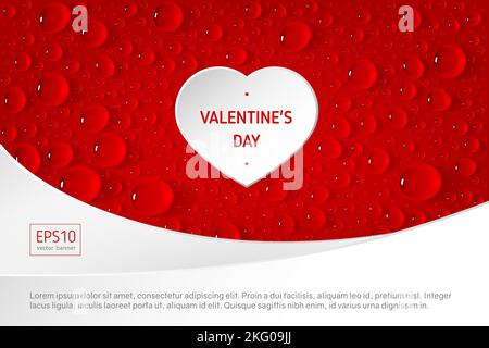 Valentinstag-Banner mit Herz und Wassertropfen auf rotem Hintergrund. Stock Vektor
