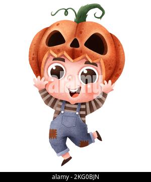 Vektordarstellung süßer Zeichentrickkinder. Frohes Halloween. Halloween Kürbiskopf-Kostüm. Stock Vektor