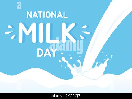 Happy Milk Day Celebration mit Splash Drop in Smooth Wave of White Fresh Milky of Cow in Flat Cartoon Handgezeichnete Vorlagen Illustration Stock Vektor