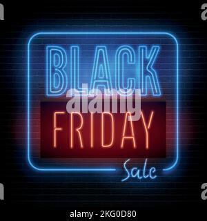„Black friday“-Sonderangebot mit rotem blauem Neon-Leuchtkasten und jährlichem Rabatt. Banner im Vintage-Stil für saisonale Sonderangebote. Preisreduzierung Minimales Aufkleberdesign. Stock Vektor