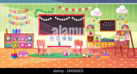 Montessori Kindergarten Spielzimmer mit Tisch, Stühlen, Tafel und Spielzeug. Leere Kinderzimmer Innenraum in Kindertagesstätte mit Holzmöbeln und Spielzeug, Vektor-Cartoon-Illustration Stock Vektor