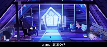 Nachtdachboden mit Totenkopf auf dem Sessel, Spinnennetz in dunklen Ecken, gruselige Eule, altes Personal auf dem Boden und Mond, der durch das Fenster scheint. Gruselige Halloween-Atmosphäre im verlassenen Raum. Vektorgrafik Cartoon-Illustration Stock Vektor