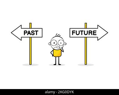 Mann schaut auf das Straßenschild und entscheidet über den richtigen Weg in die Vergangenheit oder Zukunft. Geschäftliche Entscheidungsfindung, Kreuzweg als Wahl der Geschäftsstrategie und Zukunft Stock Vektor