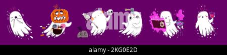 Set von niedlichen Halloween Geister auf Hintergrund isoliert. Comic boo Charakter verängstigt, Trick-or-treating, spielen mit Schädel in der Nähe von Grab, Kochen Zaubertrank. Vektorgrafik mit Doodle Design-Elementen Stock Vektor