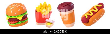 3D Render Fast Food Burger, pommes frites, Kaffeetasse und Hotdog. Fastfood Restaurant Mahlzeiten und Getränke. Traditionelle amerikanische Snacks isoliert auf weißem Hintergrund Cartoon Illustration in Kunststoff-Stil Stockfoto