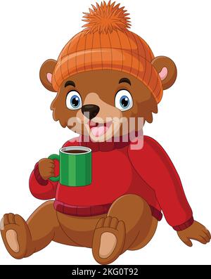 Cartoon-Bär trägt Pullover und Hut mit heißem Kaffee Stock Vektor