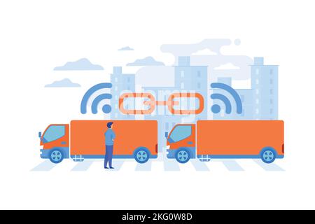 LKWs, die mit Verbindungstechnologien an den Zug angeschlossen sind. LKW-Platooning, autonom fahrende Lkw, modernes Logistiktechnikkonzept. Flat V Stock Vektor