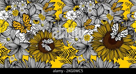 Nahtlose Hintergrundgrafik mit gelben schwarzen und weißen Blüten. Vektordarstellung. Handgezeichneter Stoff, Geschenkverpackung, Wandschmuck-Design. Stock Vektor
