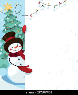 Frohe weihnachtskarte, niedlicher Schneemann in einem Hut mit einem Brett mit Platz für Text, moderne Vorlage für Design, weihnachtsverkauf. Flache Vektorgrafik Stock Vektor