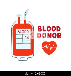 Blutspender, Blutbeutel, Herzen, Herzschlag. Handgezeichnete Vektorgrafiken. Spenden Sie Blut, Gesundheitskonzept Stock Vektor