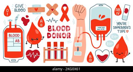 Blutspenderaufkleber Set, Blutbeutel, Herzen, niedlicher Blutstropfen, rh-Faktor. Handgezeichnete Vektorgrafik Stock Vektor
