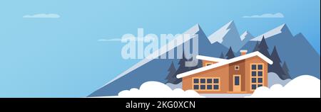 Wintersport. Winter Berglandschaft mit großem Haus für Touristen. Winterurlaub in den Bergen, Skigebiete, Ferienwohnungen. Vektor flach illustrierte Stock Vektor