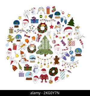Set von bunten Weihnachts-Symbole mit einer dünnen Linie, Vektor-Doodle-Illustration. Stock Vektor