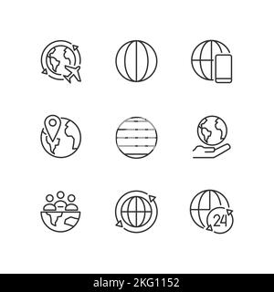 Lineare Symbole für Globalisierpixel sind perfekt eingestellt Stock Vektor