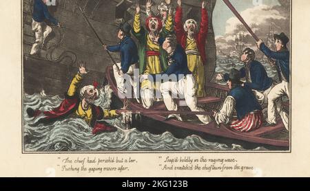 Ein englischer Seemann streckt ein Ruder aus, um einen ertrinkenden arabischen Häuptling, die Regency-Ära, zu retten. Während andere Mauren zu Allah beten, um ihn zu retten. Royal Navy Matelots verwenden Ruder und Hechte, um ein Ruderboot in die Nähe eines Kriegsmanns zu bringen. Handkolorierter Kupferstich von Charles Williams vom Post Captain oder Adventures of a True British Tar von einem Marineoffizier, J. Johnston, London, 1817. Wird Alfred Thornton oder John Mitford zugeschrieben. Stockfoto