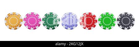 Casino-Chip. Poker-Chips in einer Reihe, isoliert auf weißem Hintergrund. Viele Farben Casino Token Set Draufsicht, Design-Element, 3D Render Stockfoto