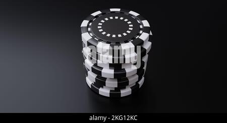 Casino Poker Chips schwarze Farbe gestapelt in einem Stapel auf dunklem Hintergrund, über Ansicht, Kopierraum. 3D Rendern Stockfoto