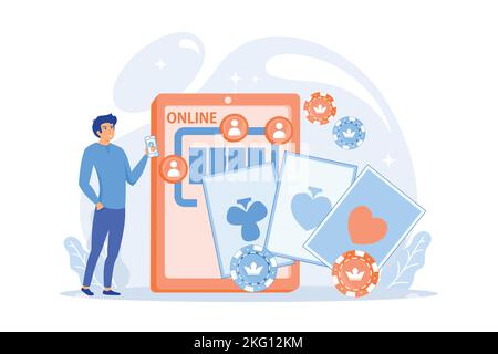 Geschäftsmann mit Smartphone Poker online und Casino Tisch mit Karten und Chips. Online Poker, Internet Glücksspiel, Online Casino Zimmer Konzept. Stock Vektor