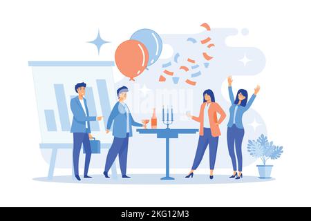 Glückliche, kleine Geschäftsleute, die tanzen, Spaß haben und Wein trinken. Firmenfeier, Teambuilding-Aktivität, Corporate Event Idee Konzept. Flat Vektor m Stock Vektor