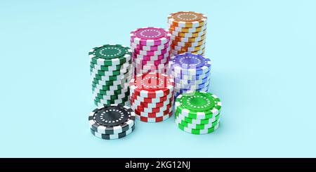 Spielchips stapeln. Casino-Token in Stapeln auf grauem Hintergrund. Viele Farben Poker Chips, Nahaufnahme. 3D Rendern Stockfoto