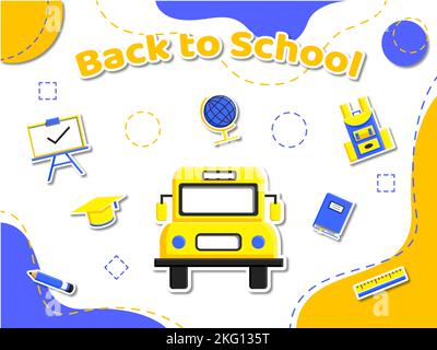 Ein gelber Schulhintergrund mit Schulbus und Büromaterial Stock Vektor