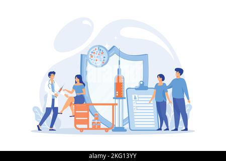 Frau bekommt Grippeschutzimpfung. Prävention ansteckender Krankheiten. Impfung von Erwachsenen, Impfplan für Erwachsene, Konzept für vermeidbare Krankheiten. Flach Stock Vektor