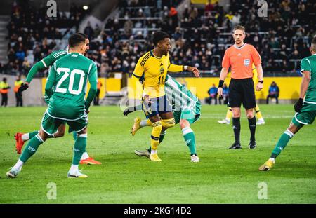 Malmoe, Schweden. 19., November 2022. Der Schwede Anthony Elanga (11) wurde während der Fußballfreundschaften zwischen Schweden und Algerien im Eleda Stadion in Malmoe gesehen. (Foto: Gonzales Photo - Joe Miller). Stockfoto