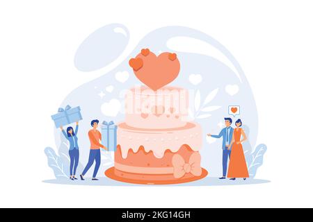 Braut und Bräutigam auf Hochzeitsfeier und Gäste mit Geschenken auf großen Kuchen. Hochzeitsparty Planung, Brautparty Ideen, Brautjungfer Kleider und Kleider Konzept. Stock Vektor