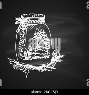 Kreide Zeichnung Künstlerische Weihnachten Doodle Symbol. Glas mit Weihnachtsbaum. Neujahrs-Vintage-Design für Weihnachtskarte oder Einladung auf Tafel Stock Vektor