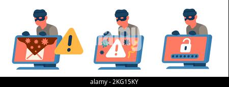 Symbole zur Erkennung von Computerviren. Phishing mit Kontokennwörtern. Hacking der Laptop-Software. Datendiebstahl. Netzwerkschutz. Cyberbetrug. Digitale Kriminalität. E-Mail Stock Vektor