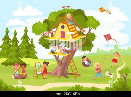 Baumhaus mit Kindern. Lustige Jungen und Mädchen spielen auf grünem Hinterhof. Gemütliches Haus in Ästen aus Eiche. Glückliche Kinder im Freien. Kite und Swing Stock Vektor