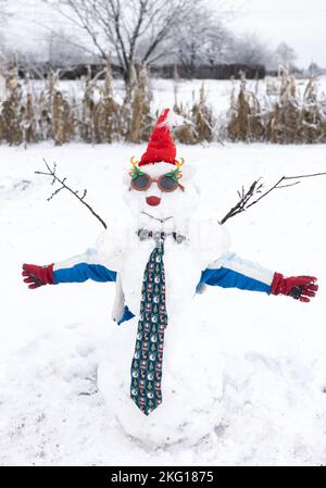 Schneemann mit Weihnachtsmannmütze, Hirschkarnevalsgläser und Neujahrsschlips. Das Kind versteckte sich hinter ihm und spreizte seine Arme. Festliches Neujahr, Kinder Stockfoto