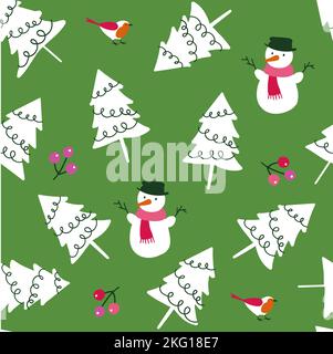 Happy Holiday weihnachtliche Elemente nahtloses Muster mit Weihnachtsbäumen, Misteln und Schneemännern - zum Einpacken von Papier, Tapete, Stoff, Partypapier - Stock Vektor