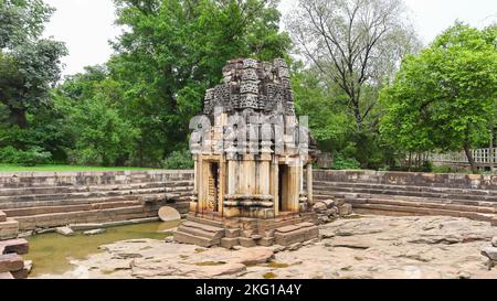 Blick auf den zerstörten Shiva Tempel im Tank of Baroli Tempel Komplex, Baroli, Rawatbhata, Rajasthan, Indien. Stockfoto