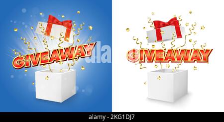 Weiße offene Geschenkbox mit Giveaway-Wort, goldener Serpentin und Konfetti-Explosion, Vektor-isolierte Illustration. Giveaway Gewinner Konzept für Promo-Banner Stock Vektor