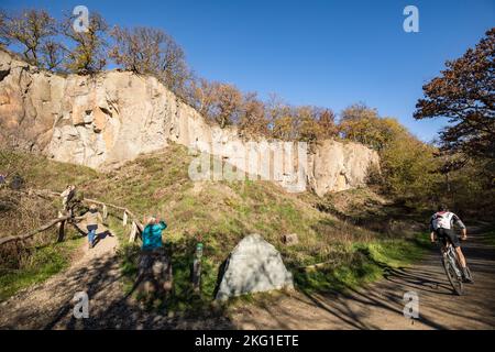 Felswand des Stenzelbergs im Siebengebirge bei Königswinter diente der Berg als Steinbruch für Quarzlatit bis zum Stockfoto