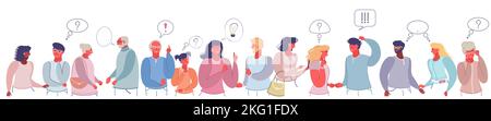 Menschen denken und sprechen, Vektor-flachen Stil Design Illustration. Männliche und weibliche Charaktere mit Zeigefinger, andere Handgesten und Sprache BU Stock Vektor