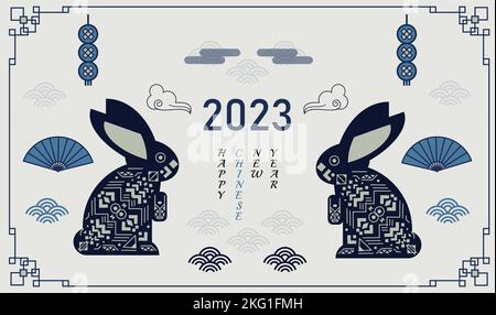 2023 Glückliche Neujahrskarte im chinesischen Stil mit Symbol des Jahres Kaninchen Stock Vektor