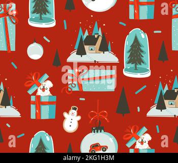 Hand gezeichnet Vektor abstrakt Spaß Stock flach Frohe Weihnachten und Happy New Year Time Cartoon festliche nahtlose Muster mit niedlichen Illustrationen von Weihnachten Stock Vektor