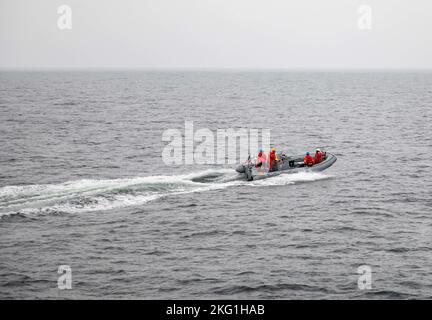 OSTSEE (Okt 22, 2022) während des Schiffsbetriebs am 19. Oktober 2022 rasten Matrosen vom Arleigh Burke-Klasse-Lenkflugkörper-Zerstörer USS Roosevelt (DDG 80) in einem starren, aufblasbaren Boot (RHIB) weg.Roosevelt ist im Einsatzgebiet der US Naval Forces Europe unterwegs und wird von der US Sixth Fleet eingesetzt, um die USA zu verteidigen, interessen von alliierten und Partnern. Stockfoto