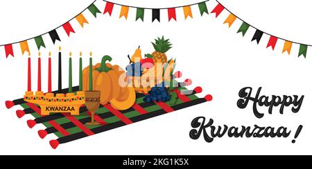 Horizontales festliches Konzept Banner Happy Kwanzaa. Kwanzaa Matte, eine Kinara mit traditionellen Kerzen, einem Obstkorb und einer Unity Tasse. Cartoon-Vektor-Illustration Stock Vektor