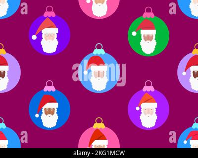 Weihnachtskugeln mit Weihnachtsmann Gesicht nahtlose Muster. Bunte Weihnachtsdekorationen. Frohe Weihnachten und Frohes neues Jahr. Weihnachtsdesign für Greeti Stock Vektor