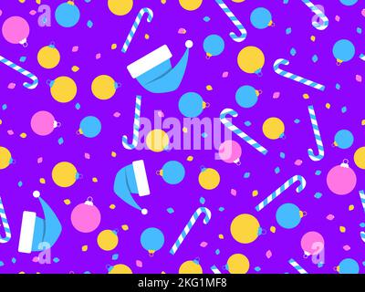 Weihnachtliches nahtloses Muster mit Weihnachtskugeln, Lutschern und Weihnachtsmannmützen. Frohe Weihnachten. Xmas Design in blau und violett Farben für Druck, wra Stock Vektor