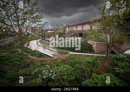 Mayfield Park, Manchester der erste Stadtpark wurde im September 22. 2022 als Teil des Getting Building Fund eröffnet. Der Park beherbergt jetzt 140 neue Bäume und Wildtiere, darunter Hummeln, Finken, Moorhen, Bachforellen und Mallard Ducks.der Park erhöht die Artenvielfalt, beinhaltet eine erhöhte Kohlenstoffbindung, größere Sturm- und Hochwasserresistenz, verbesserte Gesundheit und Glück der Menschen, die den Park nutzen, erhöhte Bestäubung und erhöhte Widerstandsfähigkeit gegen den Klimawandel durch Pflanzvielfalt. Bild garyroberts/worldwidefeatures.com Stockfoto