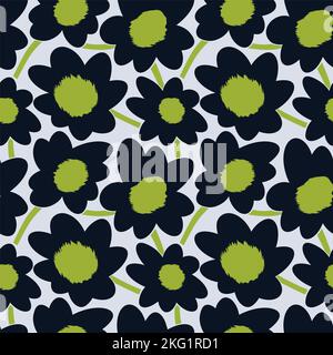 Nahtlos einfaches, niedliches Muster großer marineblauer Blumen auf blauem Hintergrund. Endlose Blumenverzierung mit wunderschönen Blüten. Farbenfroher Hintergrund für Stoff Stockfoto