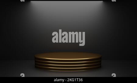 Render leeres ovales goldenes Podium mit auf einem dunklen Hintergrund. Stell dich auf einen schwarzen Hintergrund. Stockfoto